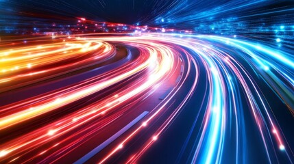Obraz premium Bright light trails and interconnected nodes in an abstract tech background, symbolizing global data transfer speed