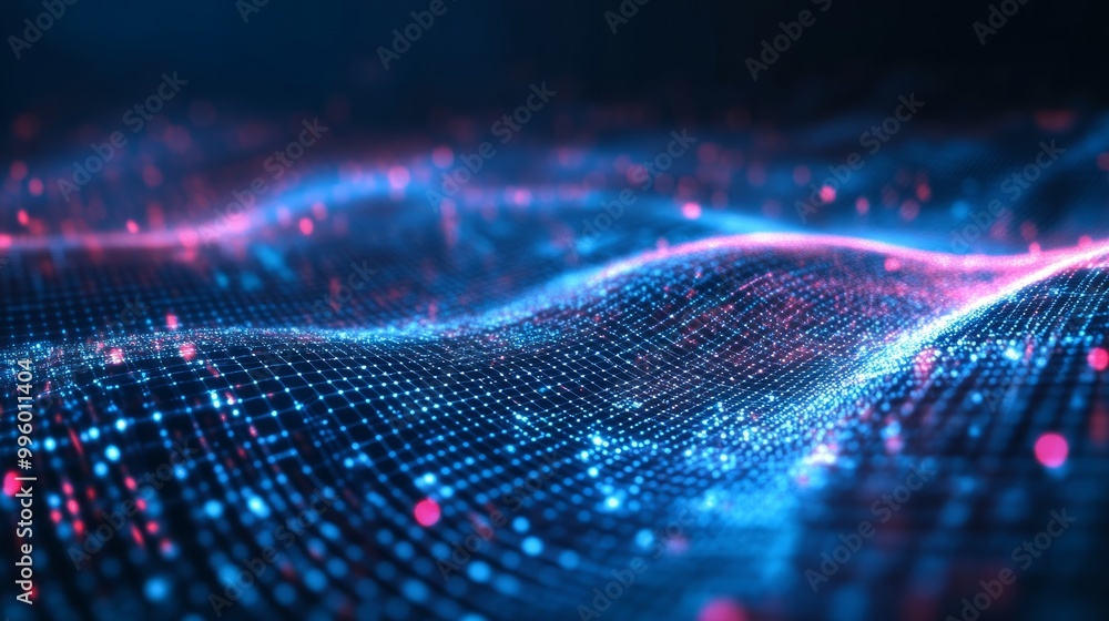 Poster Digital abstract background featuring flowing lines and grids, symbolizing fast data transfer and global internet connections.