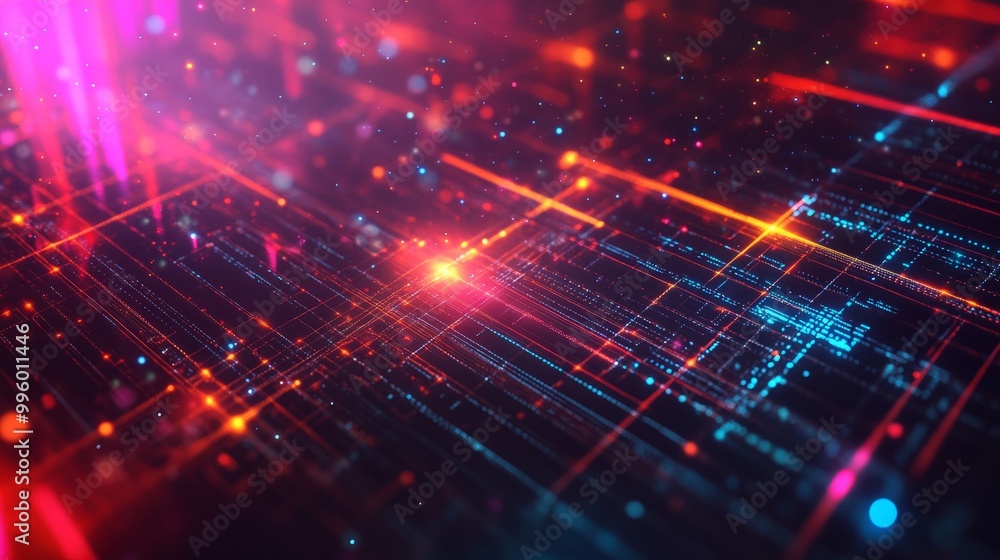 Poster digital cyber tech background with vibrant lines and glowing grids symbolizing ultra-fast data trans