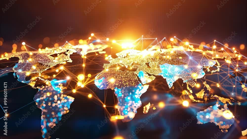 Poster a digital representation of a world map with glowing connections and lights, symbolizing global netw