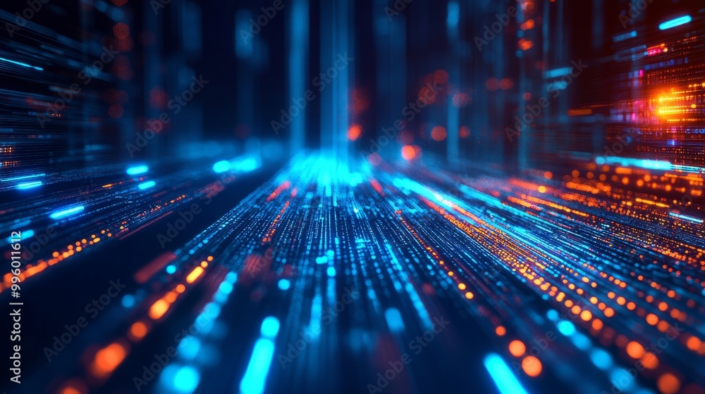 Poster digital technology background with streams of light, representing fast data transfer, cyber tech mot