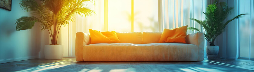 A Beige Sofa with Yellow Pillows Sits in a Sunlit Room with Two Palm Trees