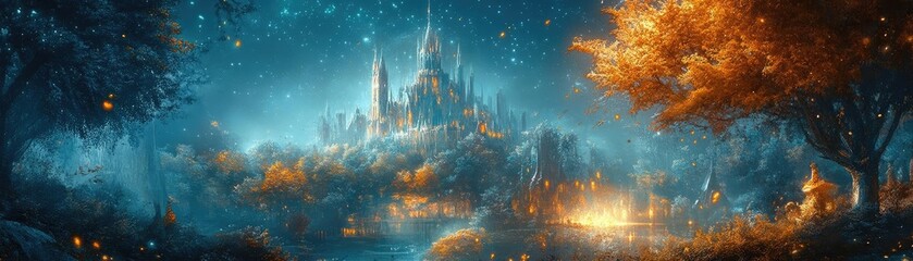 Side view of a futuristic cityscape blending with a whimsical fantasy forest, vibrant colors and surreal elements, enchanting atmosphere