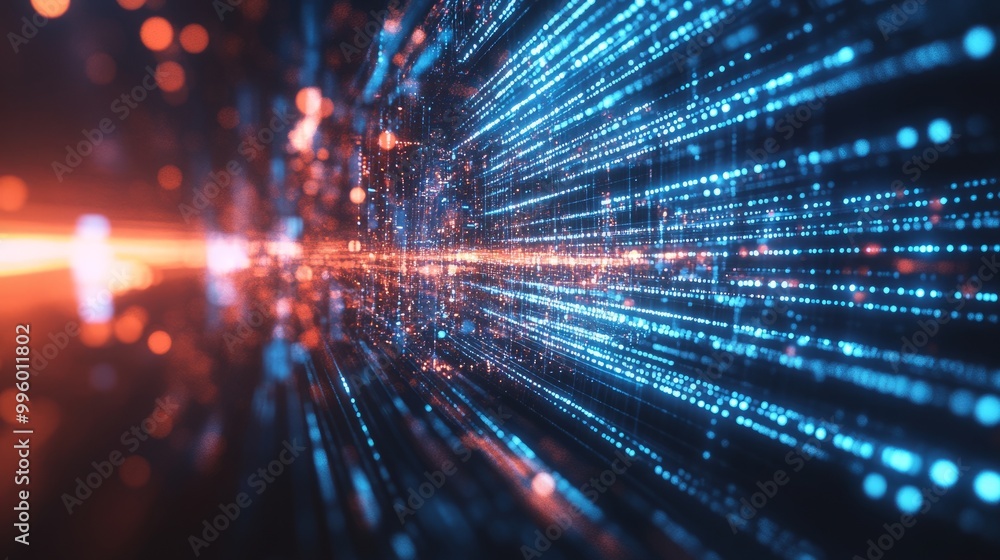 Poster digital technology background with streams of light, representing fast data transfer, cyber tech mot