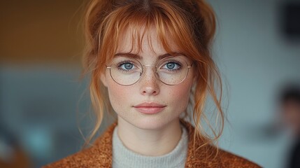Portrait of a young woman with red hair and glasses