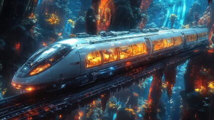 Side view of a futuristic train traveling through a magical realm, blending modern technology with fantastical creatures, dynamic scene