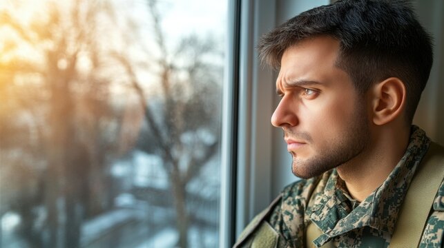 Pensive Soldier in Uniform Gazing Through Window at Sunset