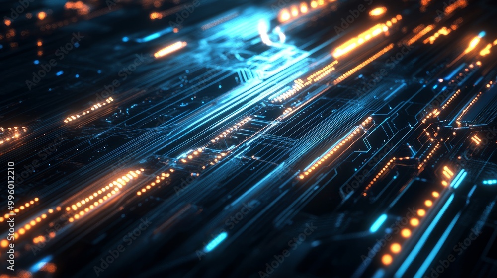 Poster glowing lines and circuits forming a futuristic abstract background, symbolizing fast broadband and 