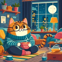 anthropomorphic cat sitting at home under a blanket, cat after work, cat illustration
