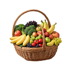 A wicker basket filled with various fresh fruits and vegetables, including apples, bananas, grapes, broccoli, and other produce png background