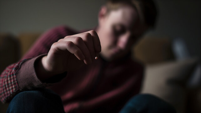Person sitting alone, holding a small object, intently focused with a tense expression, symbolizing addictive habits and personal struggle, isolated figure in introspective moment.