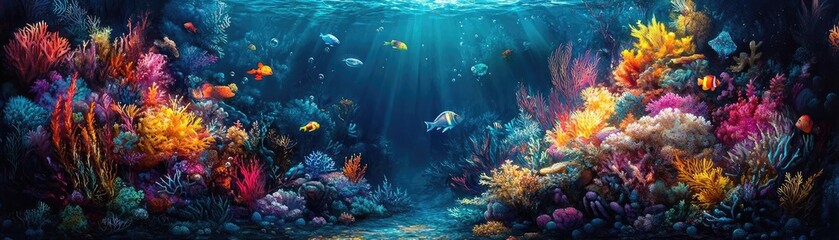 Side view of a vibrant underwater kitchen, whimsical sea creatures cooking, colorful coral utensils