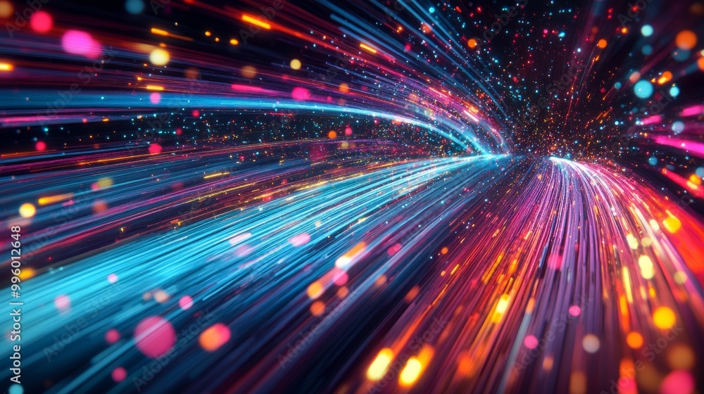 Poster high-speed data flow represented by colorful streaks of light, symbolizing global internet connectiv