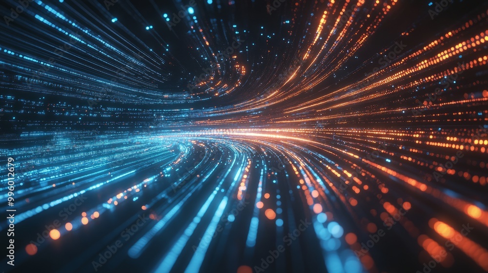 Poster high-speed digital motion with luminous lines and interconnected grids, representing global data tra