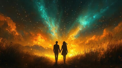 Fototapeta premium Silhouette couple walking hand-in-hand under a vibrant aurora, natures light dances above, enchanting atmosphere