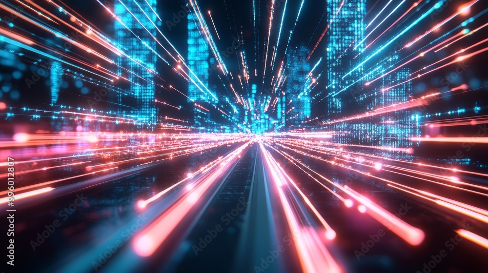 Poster high-speed digital motion with luminous lines and interconnected grids, representing global data tra