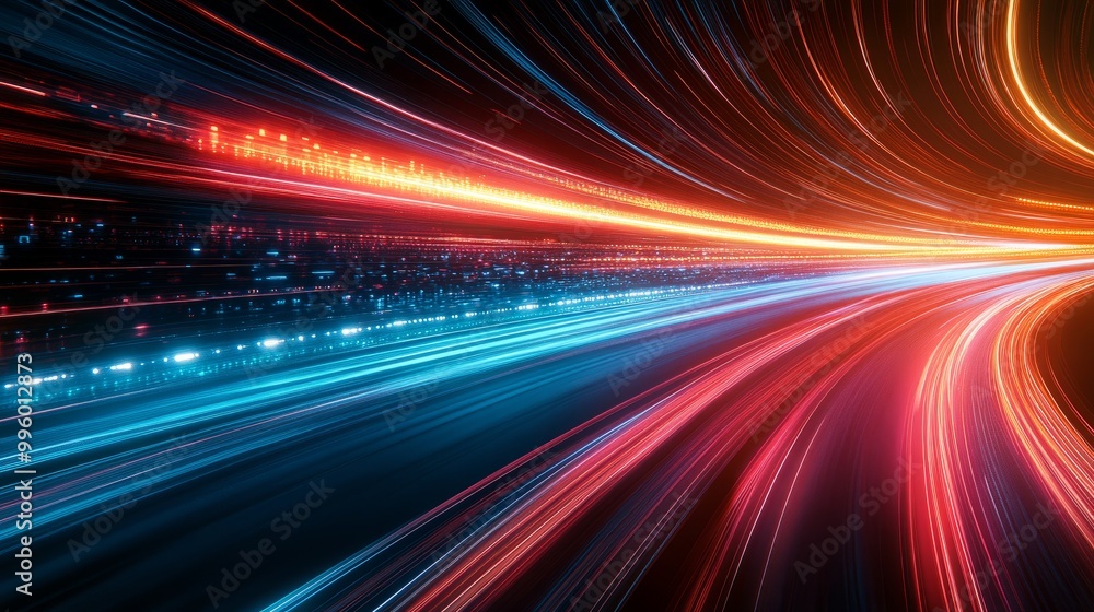 Poster vibrant light streaks in an abstract tech background, symbolizing fast broadband and the speed of gl