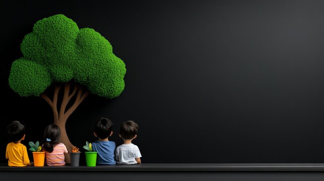 Green Future: Children Planting Trees.  A heartwarming image of four children sitting with small plants, looking towards a large stylized green tree against a dark background.