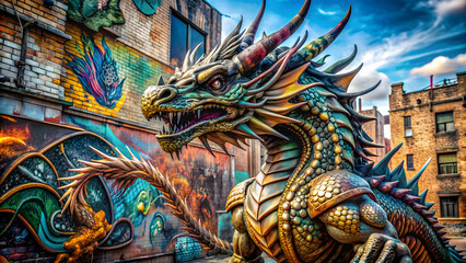 Fototapeta premium Intricate fantasy dragon sculpture surrounded by urban graffiti on a sunny day, fantasy, dragon, sculpture, urban, graffiti