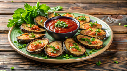 Tantalizing deep fried eggplant served with fresh herbs and aromatic marinara sauce , deep fried, eggplant, herbs
