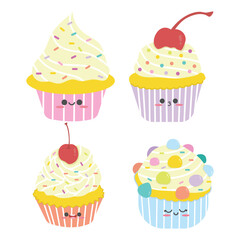Set of cute cupcake. Collection of kawaii sweet dessert characters. Suitable for flat design graphic illustration, clip art, stickers, etc