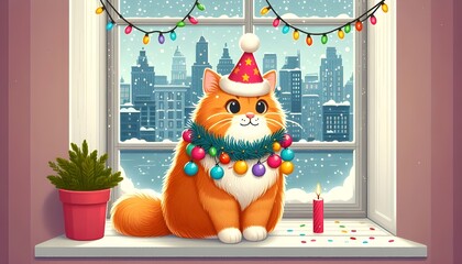 Christmas kitten in a hat and garland, cute New Year kitten illustration, New Year, New Year card with cat
