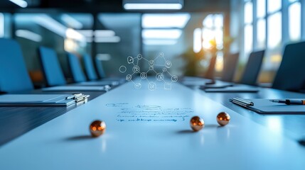 A modern office meeting space showcasing digital connection icons over a sleek table, symbolizing collaboration and innovation in a professional environment.