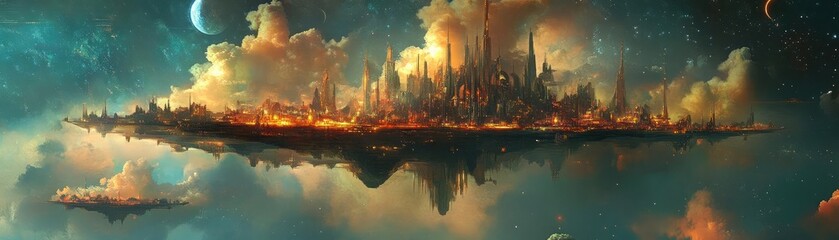 Naklejka premium Tilted angle view of a floating city blending fantasy and scientific wonders, vibrant colors, surreal shapes, abstract elements