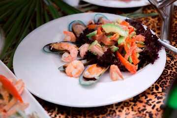 Colorful seafood salad with shrimp and avocado.