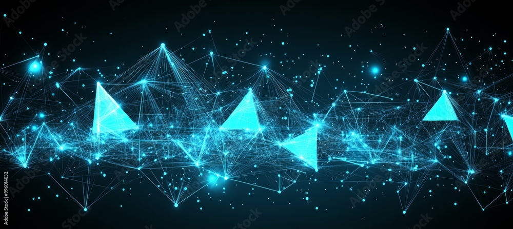 Poster abstract blue glowing network on a dark background, big data blockchain concept. 3d rendering.