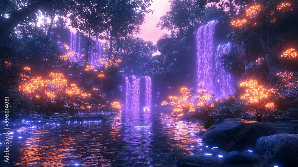 Wall mural Enchanting Waterfall and Glowing Flowers in a Dreamy Forest