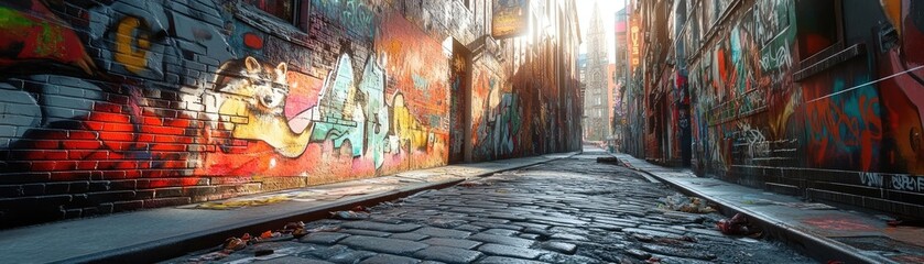 Fototapeta premium Worms-eye view, a curious raccoon scavenging through colorful city graffiti, vibrant urban environment, keen exploration, dynamic lighting