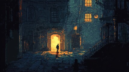Silhouette of a Person Standing in a Glowing Archway in a Dark City Alley