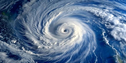 Aerial view of a massive tropical cyclone spinning over the ocean, storm, hurricane, cyclone, weather, natural disaster, extreme
