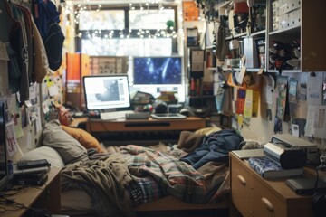 Pan around the student's cluttered dorm room, showcasing the pervasive nature of stress in their everyday environment. , background blur