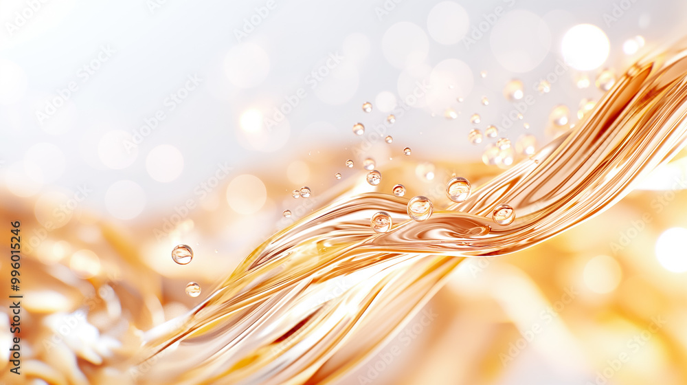 Poster a flowing golden liquid swirls gracefully, capturing light and creating a dazzling display of drople