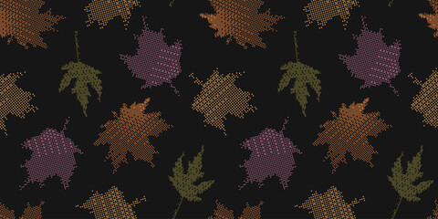 Autumn pixel leaves seamless pattern. Vector illustration of embroidery effect foliage. Stitched fall season repeated ornament. Design for textile, fabric, wallpaper, cover, packaging.