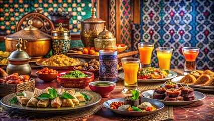 Vibrant Iftar spread featuring traditional dishes and refreshing beverages, creating a delightful atmosphere for Ramadan celebrations with family and friends. A feast for the senses!