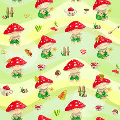 Watercolor seamless pattern with little cute gnomes Mushrooms. Bright background.