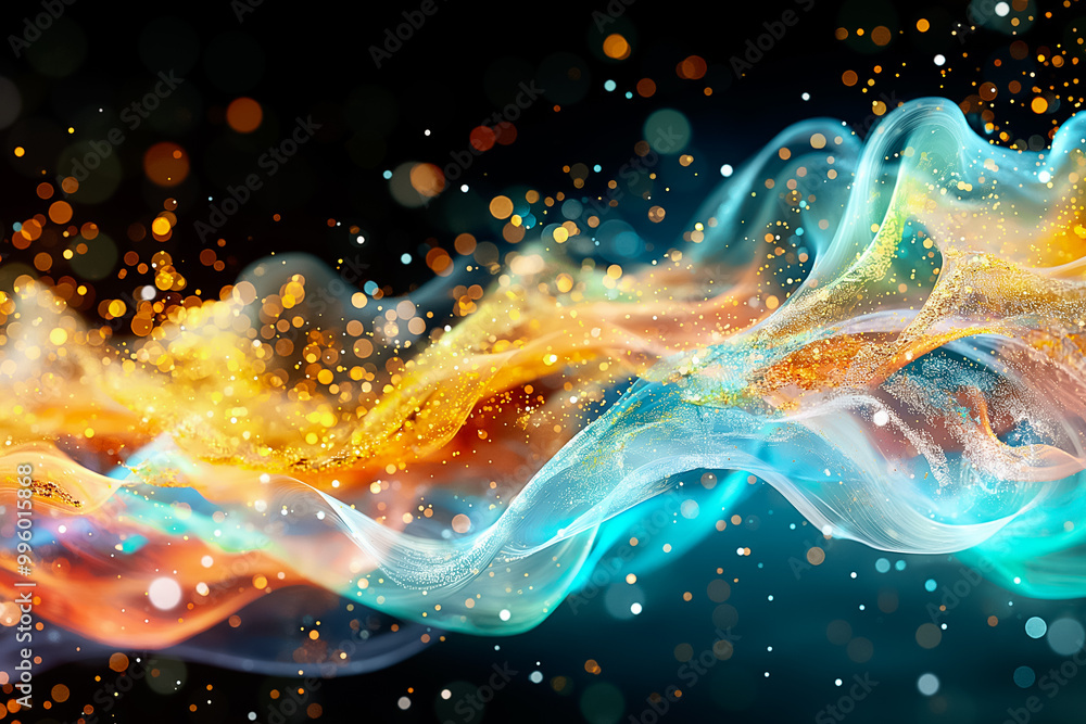 Poster a captivating mix of vibrant colors flows in a dynamic wave pattern, adorned with sparkling light pa