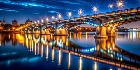 Fototapeta premium A tranquil bridge illuminated by city lights at night , bridge, night, city lights, urban, reflection, architecture