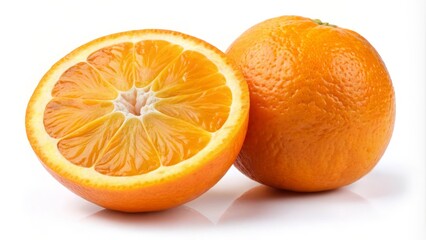 Two halves of a juicy orange sit on a bright white surface, showcasing their vibrant color and texture