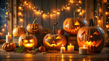 Fototapeta premium Spooky Halloween display with glowing Jack-o'-lanterns in festive indoor setting, spooky, Halloween, pumpkins