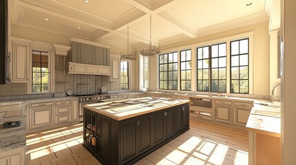 A Modern Kitchen with a Large Island and a View of Trees