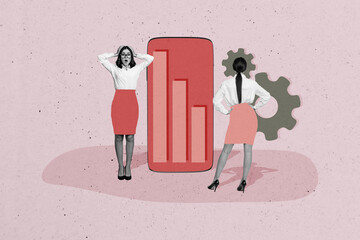 Composite photo collage of two business girls stand iphone screen chart gearwheel development goal...