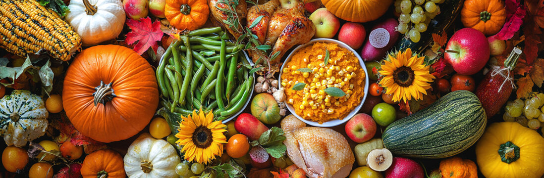 An overhead view of a delicious fall treat featuring classic pumpkin and corn puree, green beans with sunflower seeds and plinko for texture, and chicken on top of fresh vegetables
