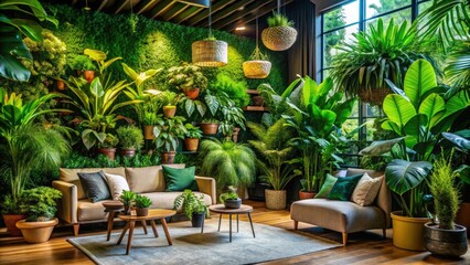 Fototapeta premium Transform your home with lush greenery and natural elements, creating a refreshing atmosphere that promotes relaxation and connection to nature through vibrant decor.