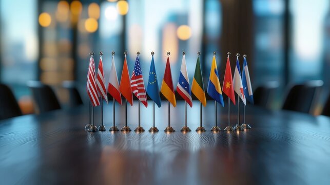 A collection of international flags displayed on a conference table in a modern office, symbolizing global cooperation and diplomatic relations.