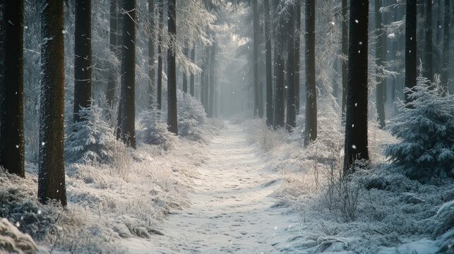 A peaceful morning hike through a snowy forest, with frosty trees lining the path and fresh snow crunching underfoot.