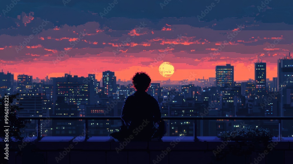 Canvas Prints A Solitary Figure Silhouetted Against a Cityscape Sunset